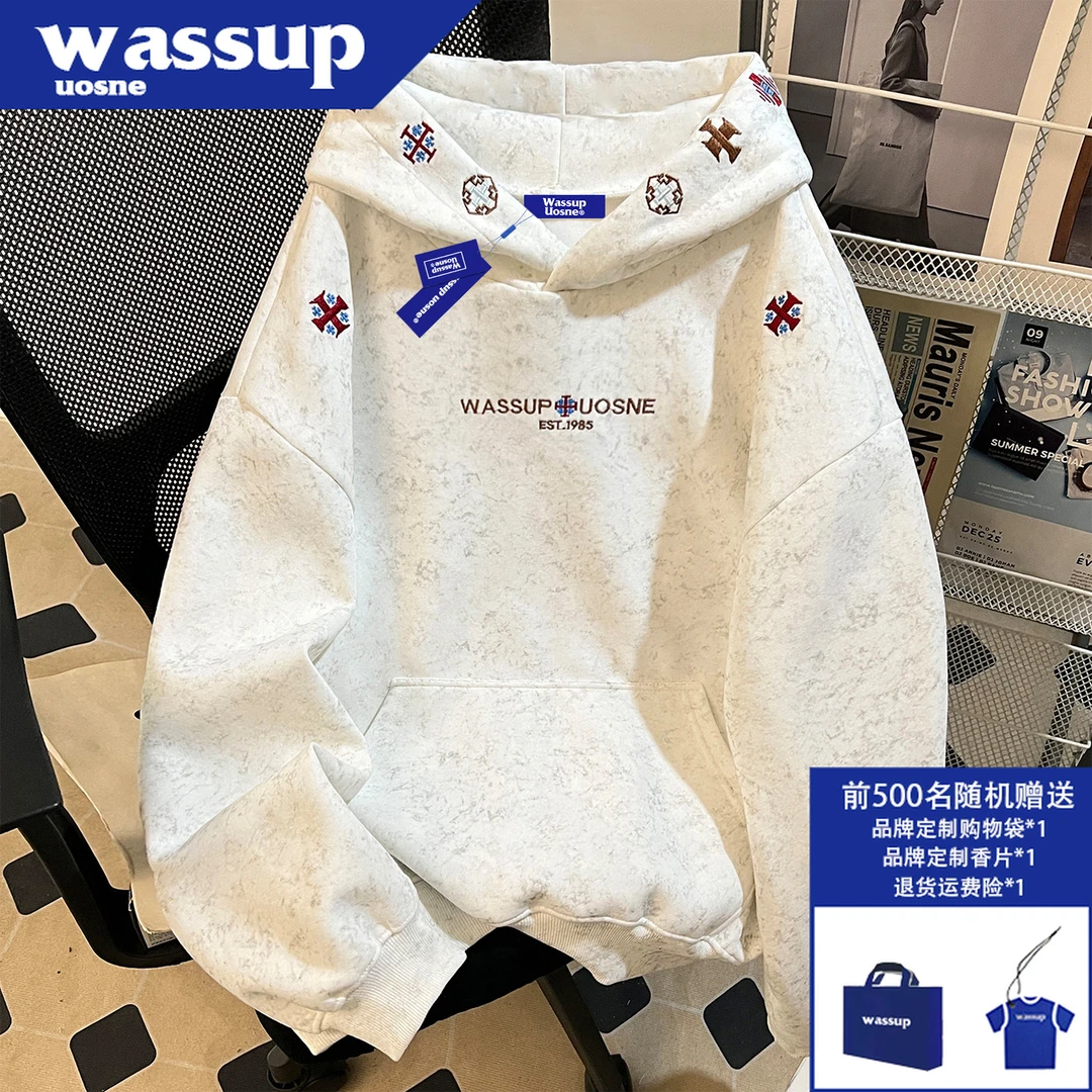 WASSUP UOSNE重工刺绣连帽卫衣男秋冬季宽松休闲潮流百搭落肩上衣