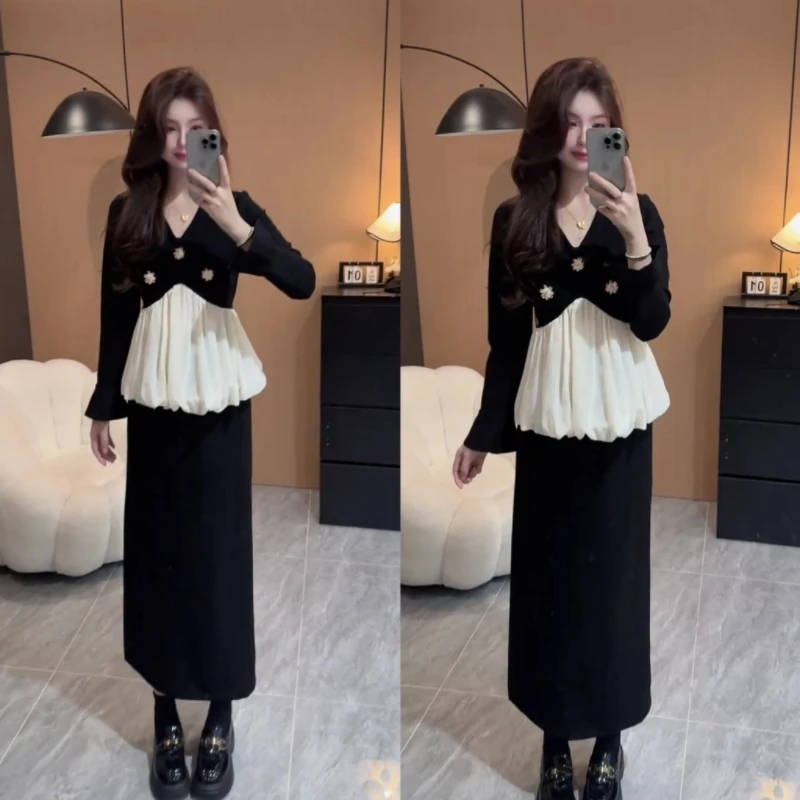 法式小香风拼接花苞上衣搭配高腰半身裙秋季女装两件套