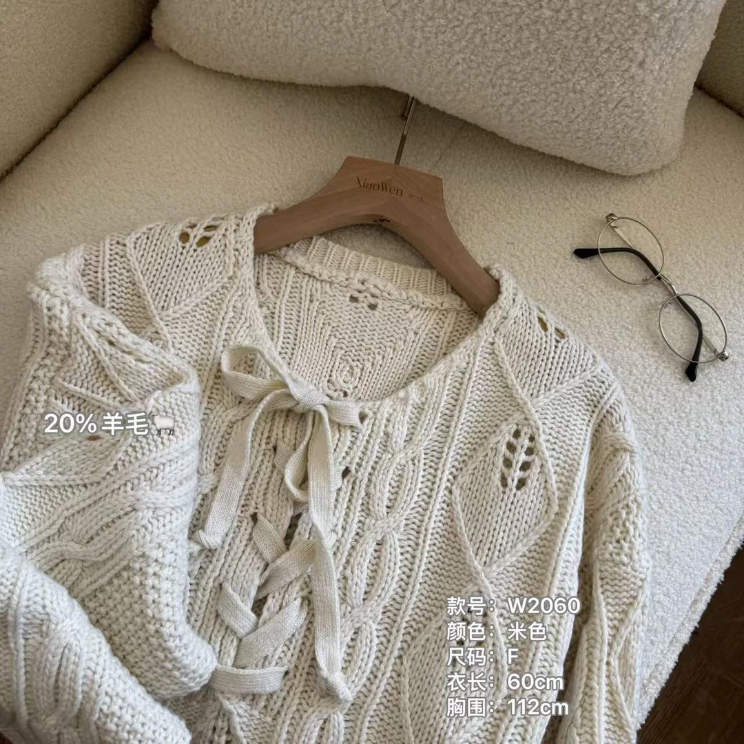 小文姐 W2060-秋冬麻花前系带休闲通勤百搭时尚温柔毛衣上衣女