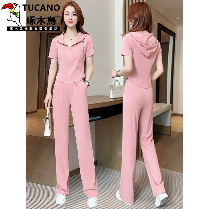 啄木鸟短袖休闲运动套装女2025夏季新款洋气质时尚减龄连帽阔腿裤