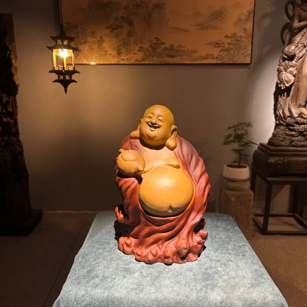 茶壶小弥勒根雕香樟木雕刻摆件精雕实木工艺品办公室小摆件笑佛