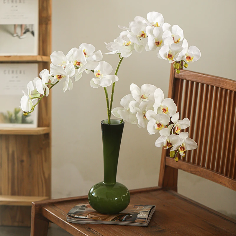 手感品质九头湿感蝴蝶兰仿真花单支高级感摆件客厅白色假花摆设