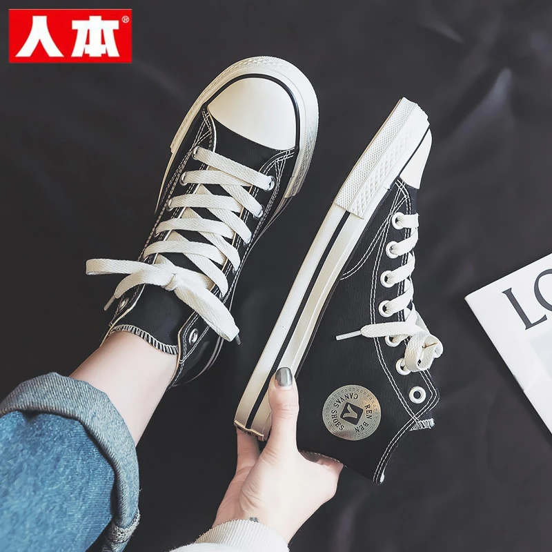 人本高帮帆布鞋女2025秋季新款百搭韩版ins潮黑色经典高邦球鞋子