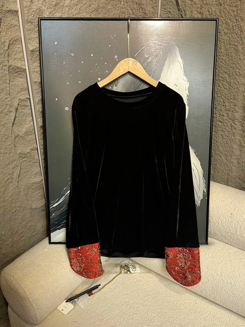 【深圳南油二姐】新中式国风设计师袖口印花网红复古打底衫3116