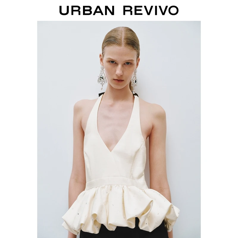 UR2025夏季新款女装时尚复古烫钻饰挂脖花苞吊带衫UWG250156