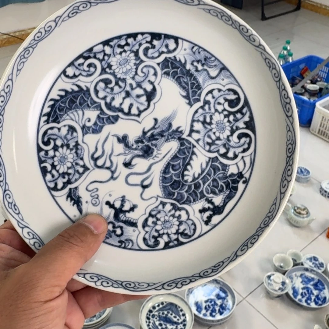 摆件陶青花如意穿花龙大壶承