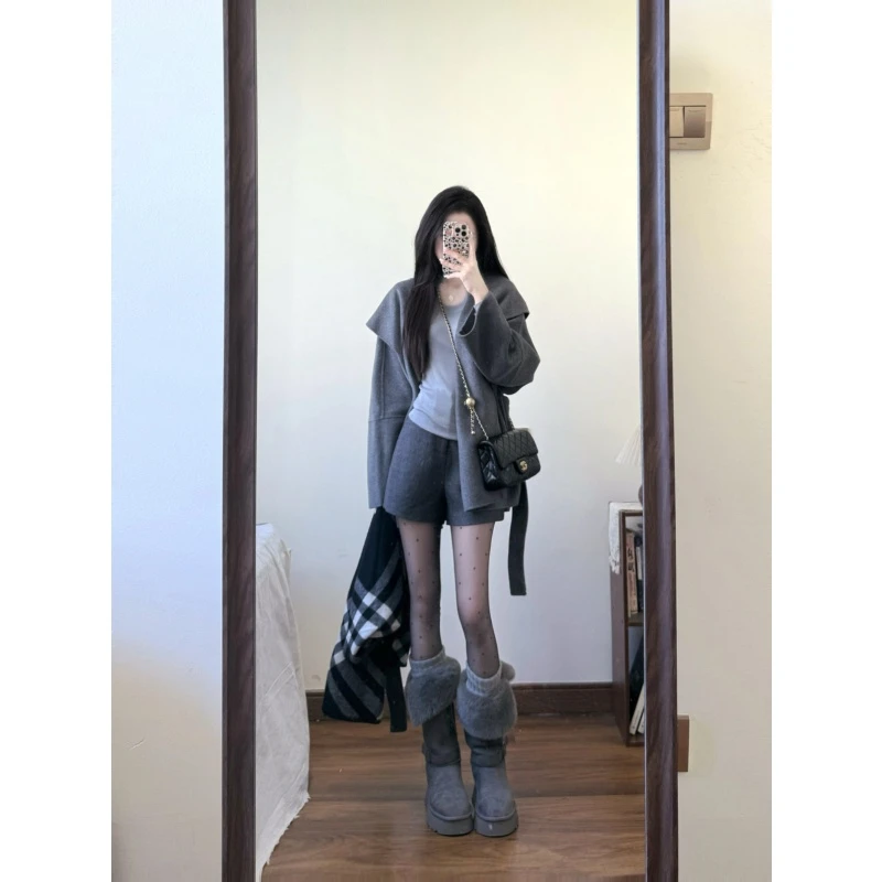 MARIE.COCO韩系氛围感秋冬新款灰色毛呢外套内搭上衣高腰显瘦短款