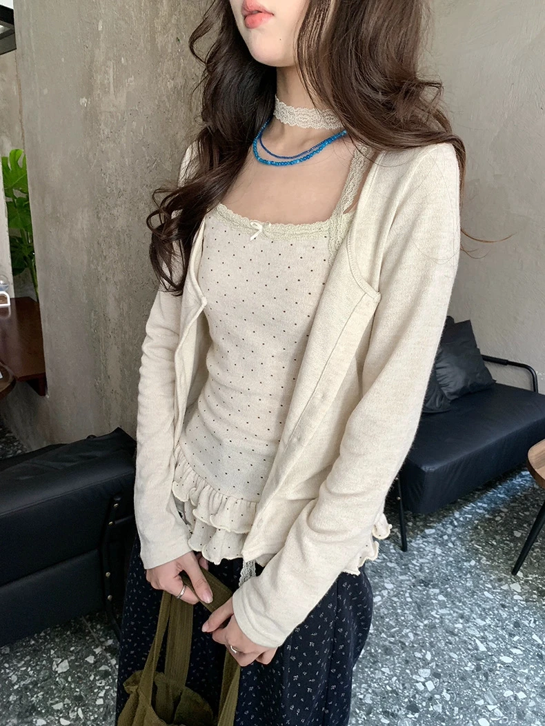 纯欲风时尚套装长袖开衫衬衫清冷显瘦气质法式吊带开衫两件套