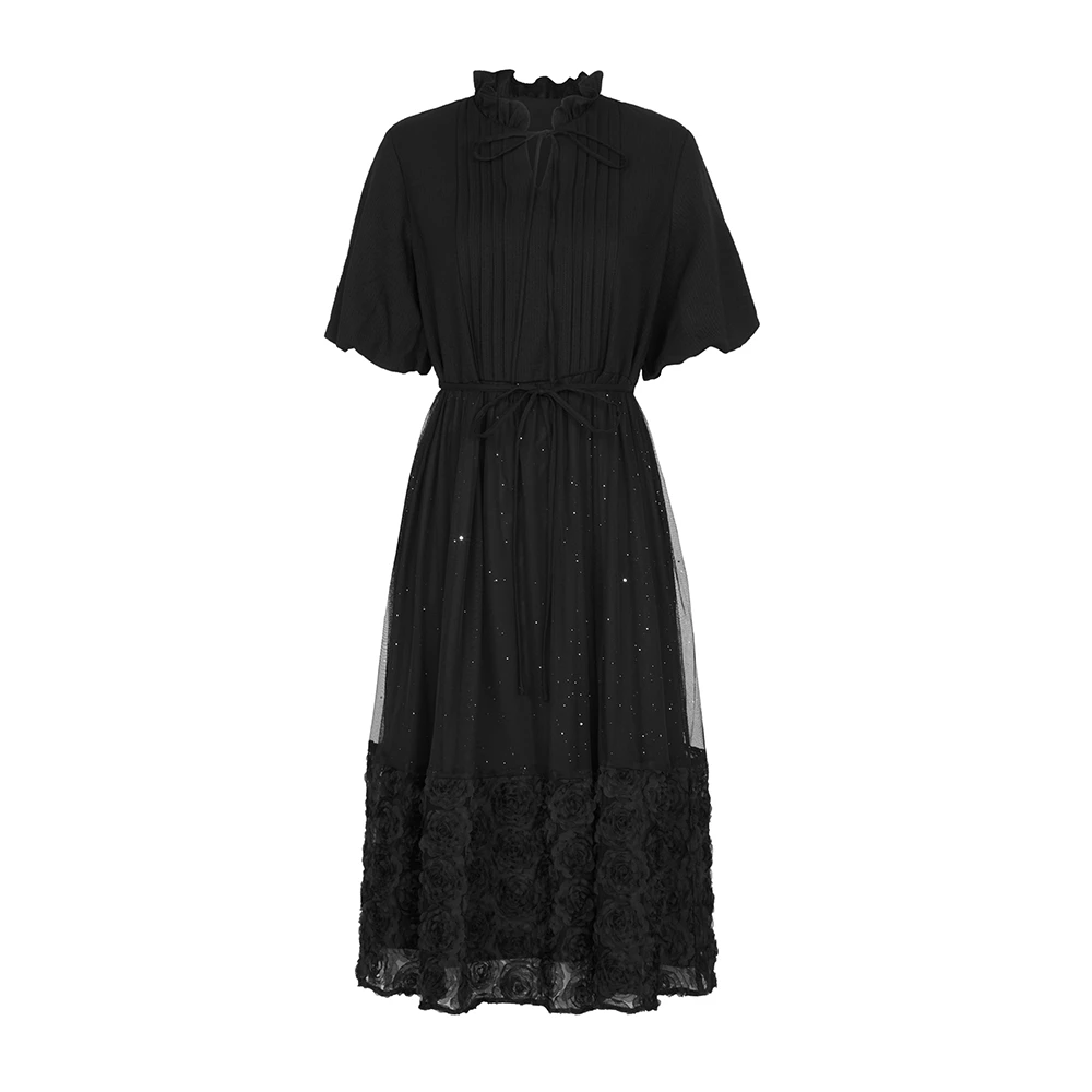 sdeer圣迪奥女装时尚木耳边风琴褶收腰网纱泡泡袖连衣裙S242Z12J9