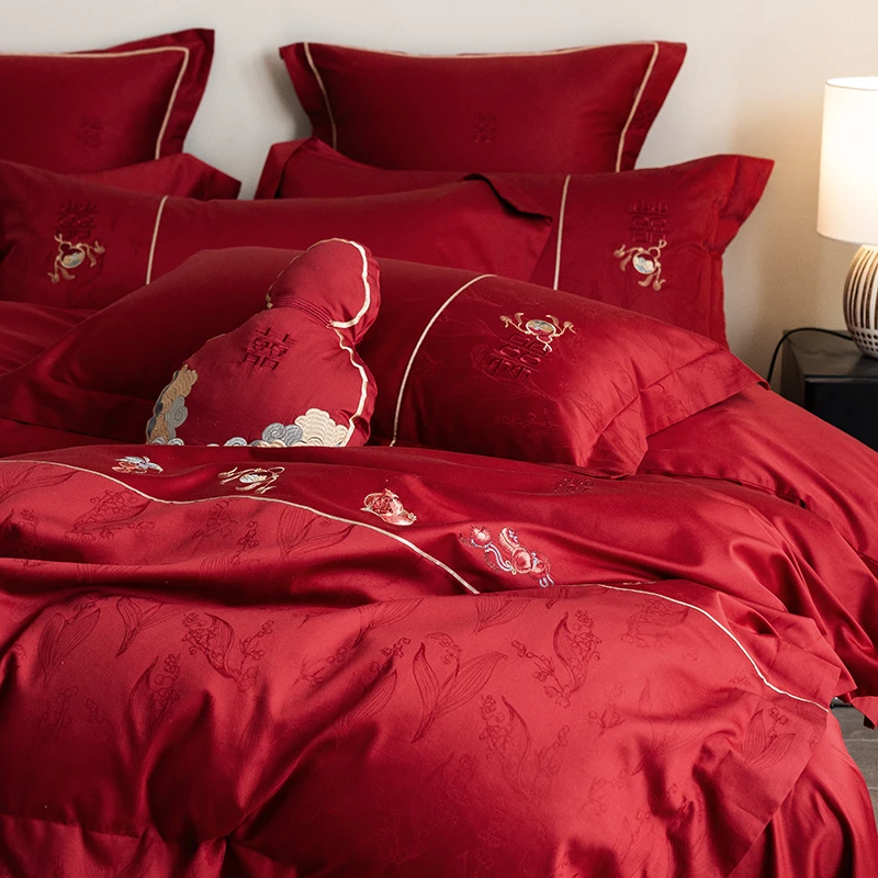 纯棉婚庆床上四件套全棉长绒棉刺绣被套婚嫁红色结婚双喜福禄床品