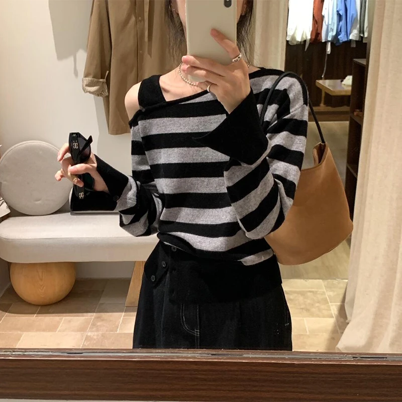 女士气质上衣条纹露肩长袖T恤秋季新款高腰宽松显瘦阔腿裤套装