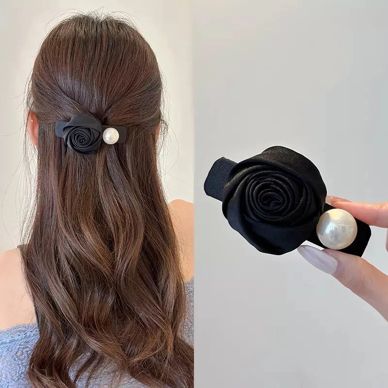 发量少复古缎面玫瑰发夹弹簧夹高级感后脑勺半扎发一字夹发头饰女