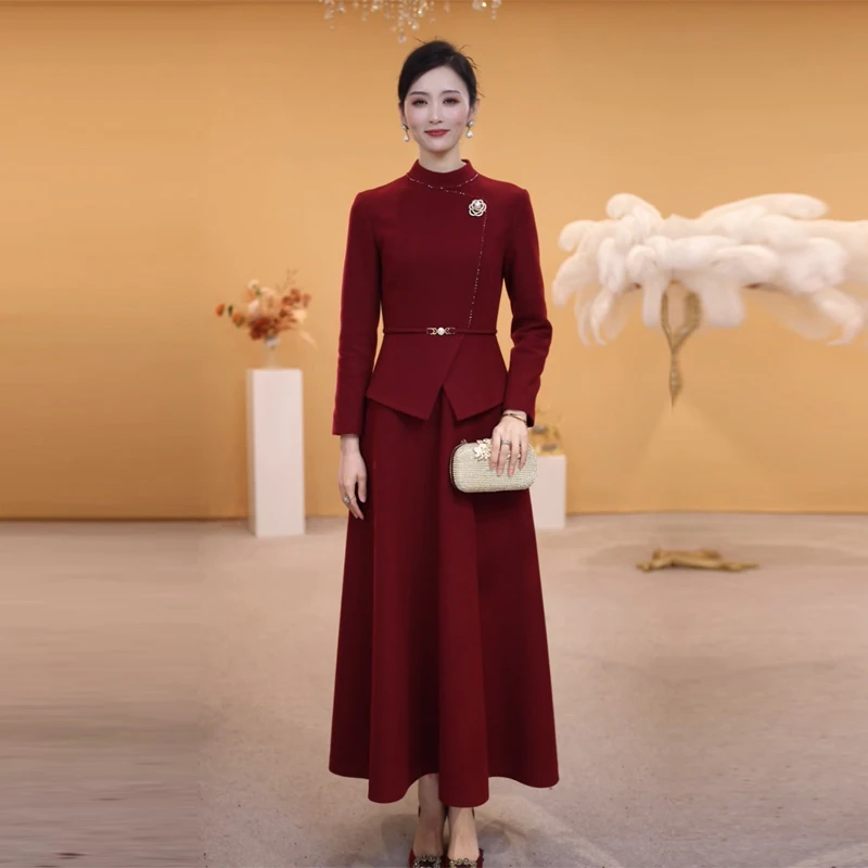 秋冬新品假两件长款连衣裙婚宴喜妈妈喜婆婆敬酒服日常高贵优雅