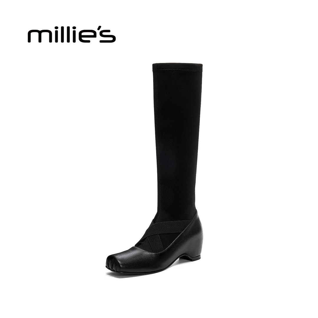 妙丽方头朋克风常规拉链尖头弹力靴舒适英伦保暖女靴户外