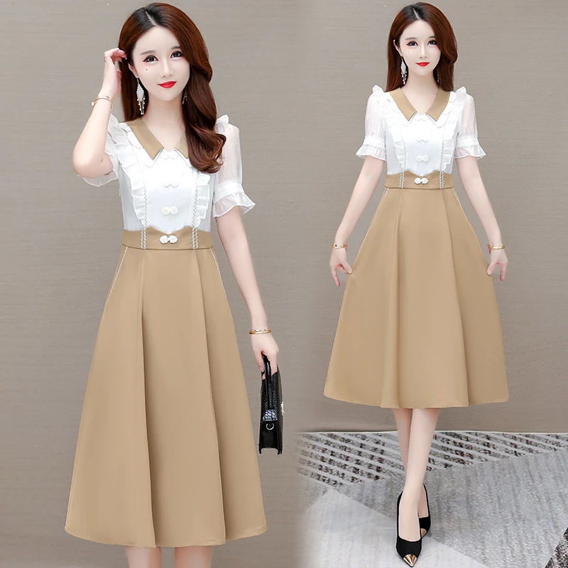 假两件拼接连衣裙中长款夏季上衣女新款中年妈妈减龄显瘦气质裙子