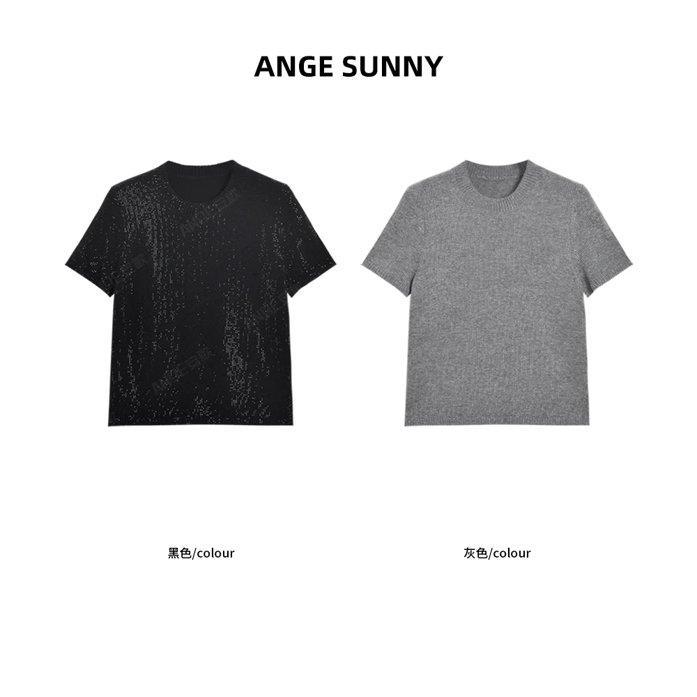 ANGE SUNNY【a*w闪钻羊毛衫】圆领短袖纯色百搭上衣时尚潮流