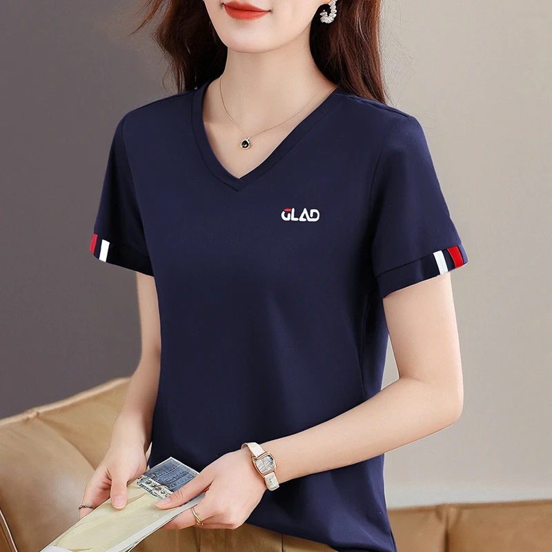 V领正肩显瘦短袖t恤女2025新款爆款时尚洋气女士巨遮肚子显瘦上衣