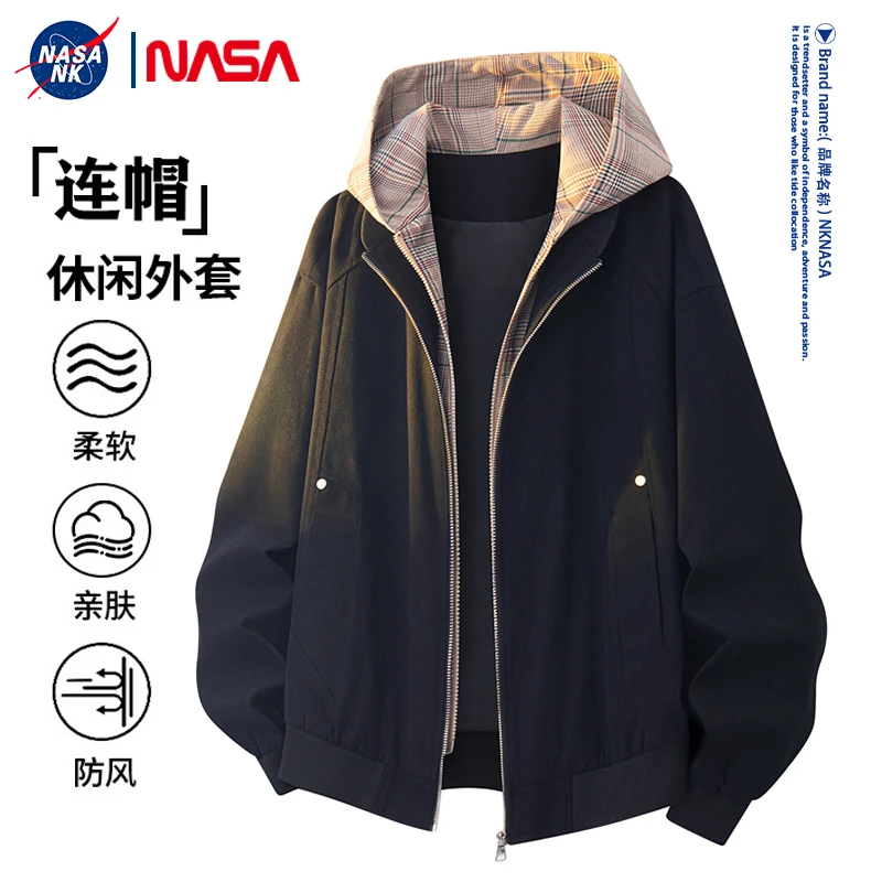 NASA联名春秋季宽松加肥加大码胖子夹克男士秋冬防风连帽潮牌外套