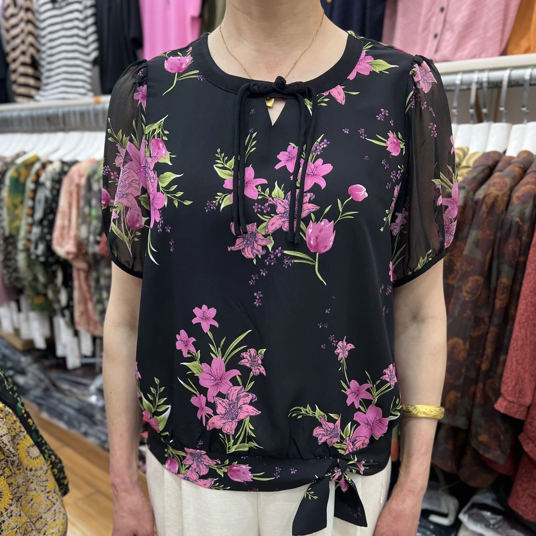 小美家  粉色印花大码薄款圆领时尚 妈妈装宽松型短袖