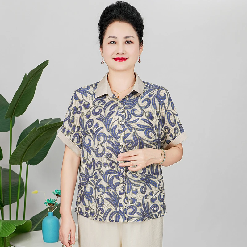 美学家夏季翻领中老年女装宽松大码短袖衬衫时尚洋气妈妈夏装套装