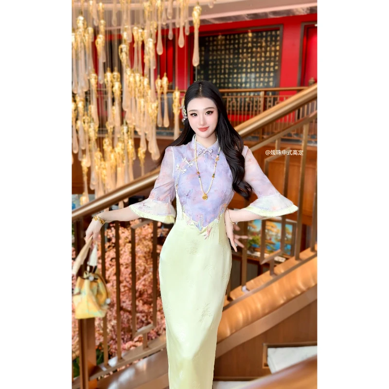 【媛珠 紫金玉棠】重工刺绣新中式国风旗袍连衣裙长款显瘦日常修身