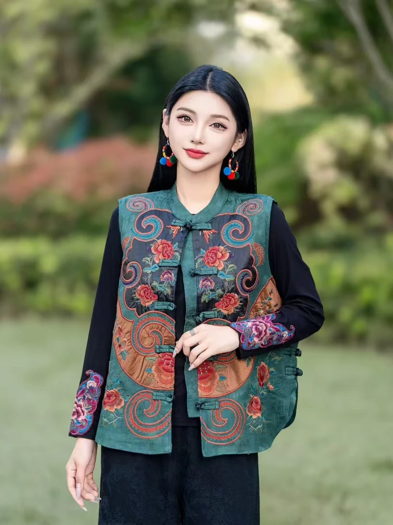 881新款 国风绣花加棉马甲中式时尚加厚立领保暖提花