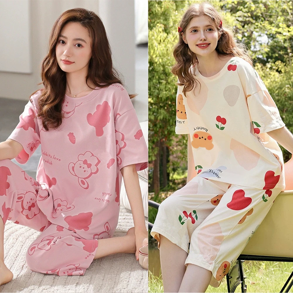 夏季睡衣女短袖夏天宽松薄款大码可外穿休闲七分裤家居服套装