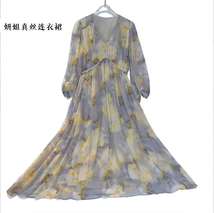 真丝连衣裙新款高订气质收腰复古显瘦桑蚕丝长裙 灰黄花 240350-1