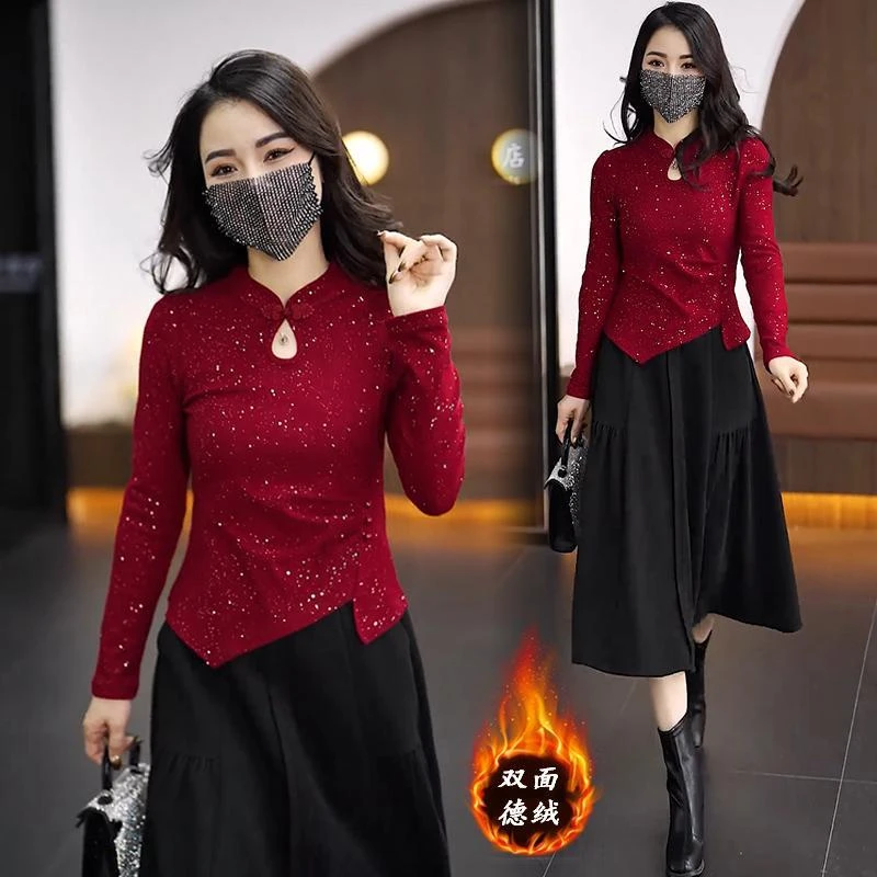 时尚新中式盘扣德绒打底衫女2024秋冬新款修身显瘦不规则内搭上衣