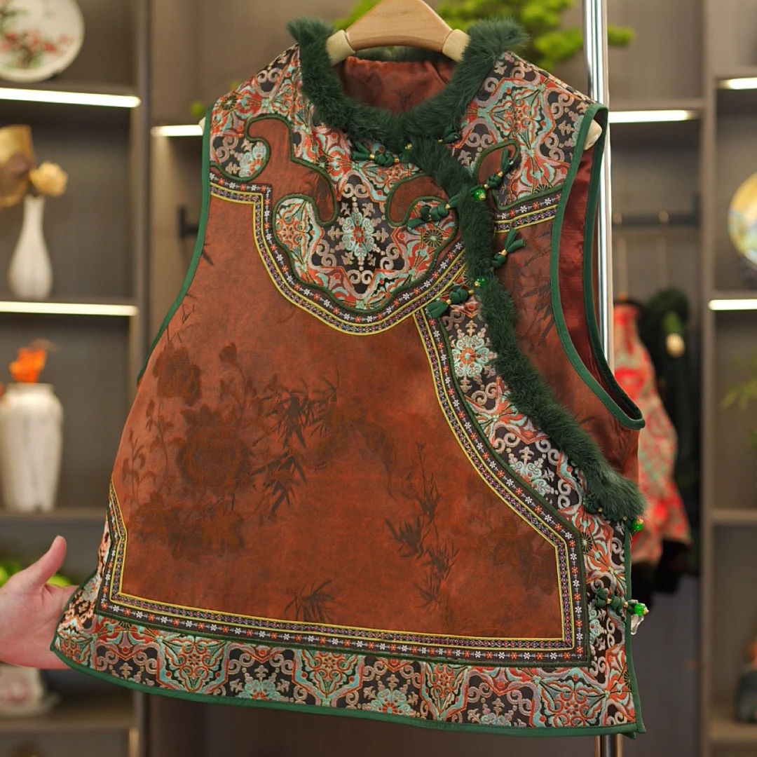 【如意】新中式国风老料重工刺绣拼接宋锦水貂毛马甲女