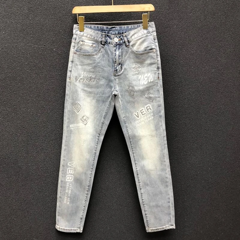 高级感新款烫钻印花修身弹力痞帅牛仔裤男款帅气百搭小脚裤长裤子