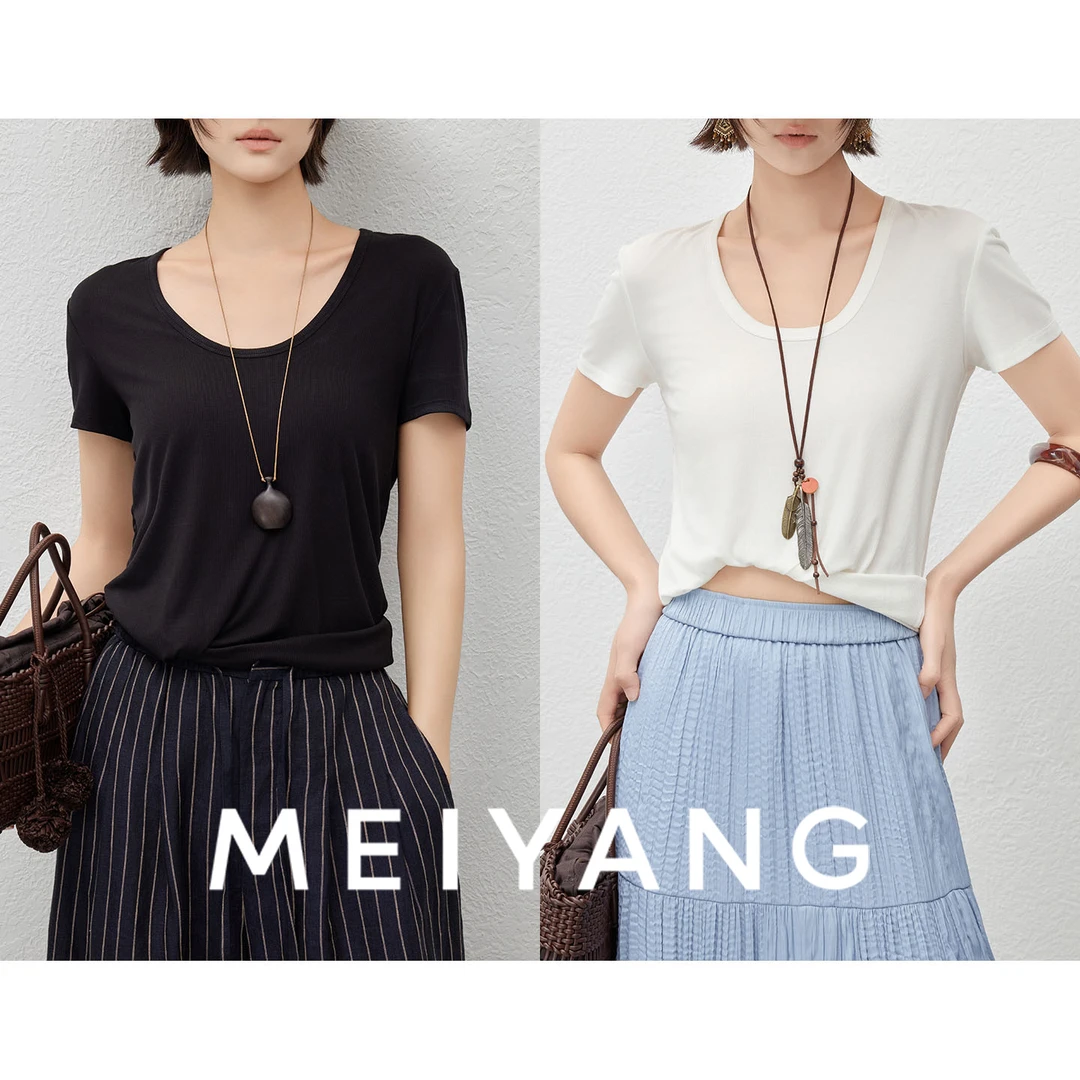 美洋MEIYANG【商场同款】小救星T恤_修身U领正肩短袖上衣显瘦白色