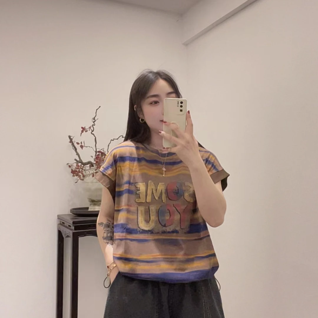 夏季条纹字母印花短袖百搭T恤宽松上衣B71114