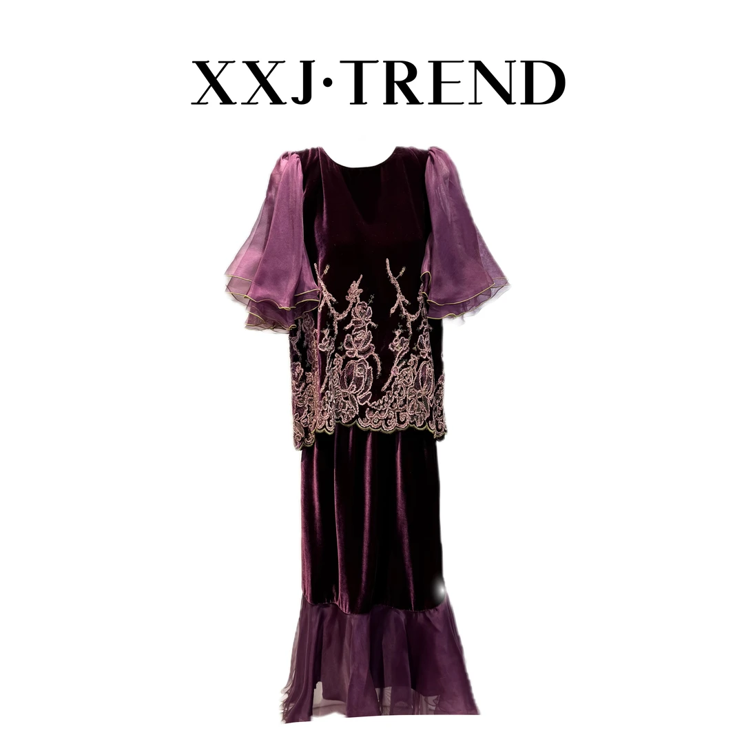 XXJ 深情 真丝丝绒立体盘花贵气慵懒鱼尾时尚显瘦套装（7268）
