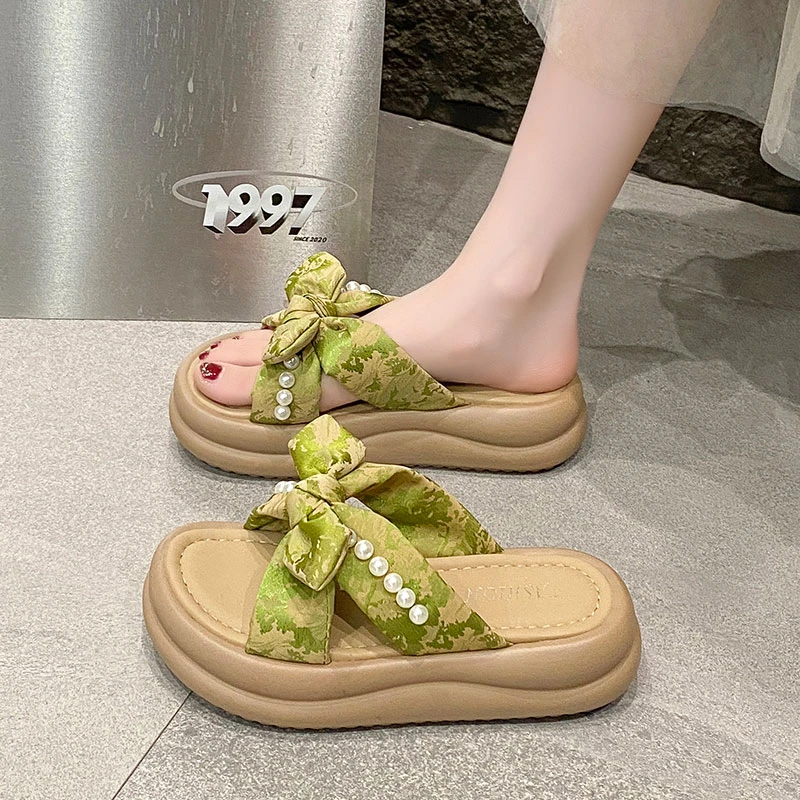 厚底蝴蝶结法式凉拖鞋女2025新款夏季高级感外穿配裙子休闲一字拖