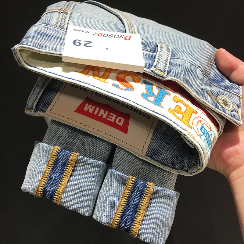 斜纹直筒牛仔裤男款浅蓝色美式高端印花复古弹力修身小脚九分长裤