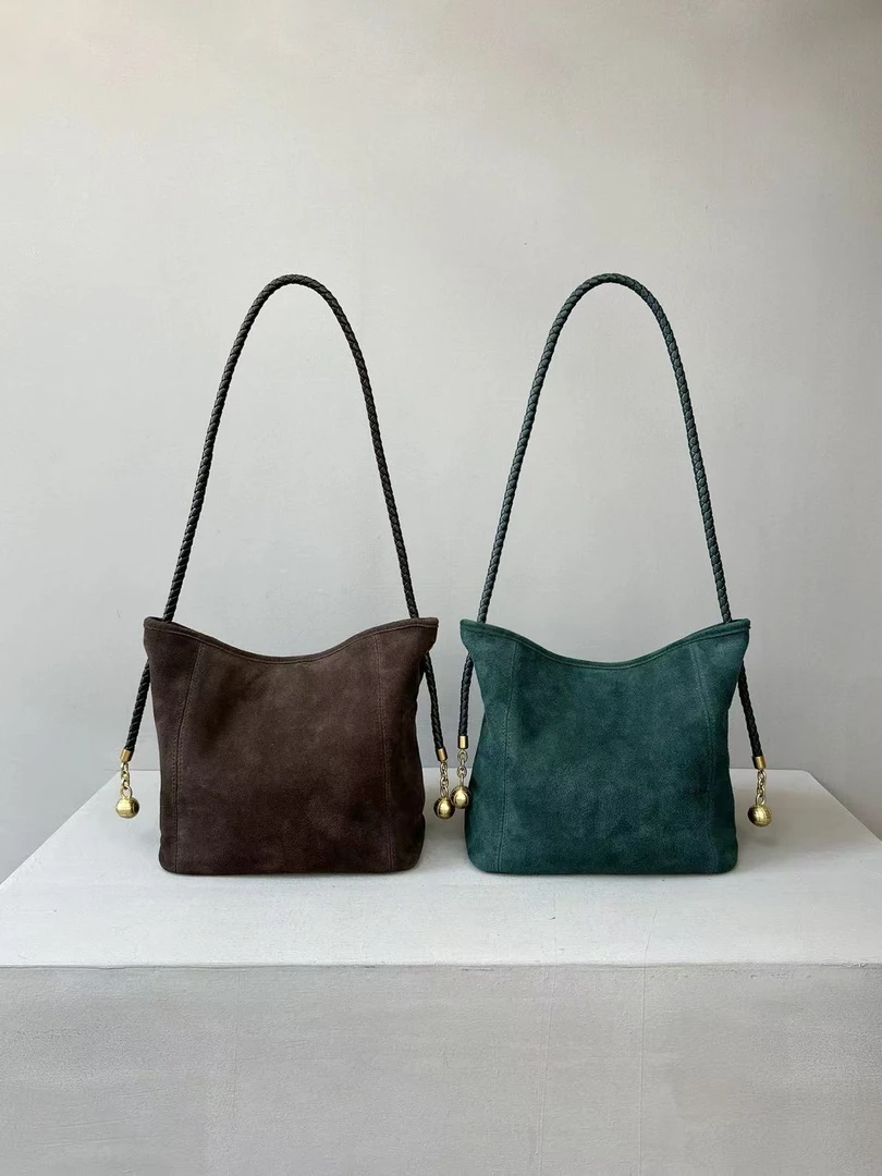 磨砂牛皮复古托特包羊皮编织hobo腋下包小金球水桶包单肩斜挎包女