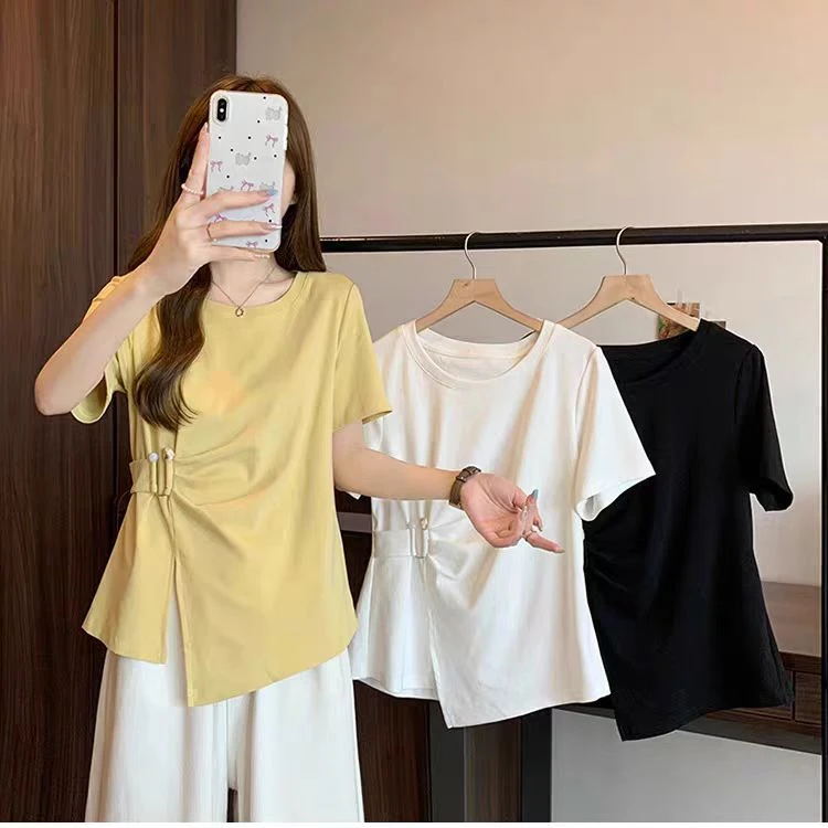（现货）大码夏装胖妹妹时尚百搭国风不对称收腰短袖上衣T恤潮211