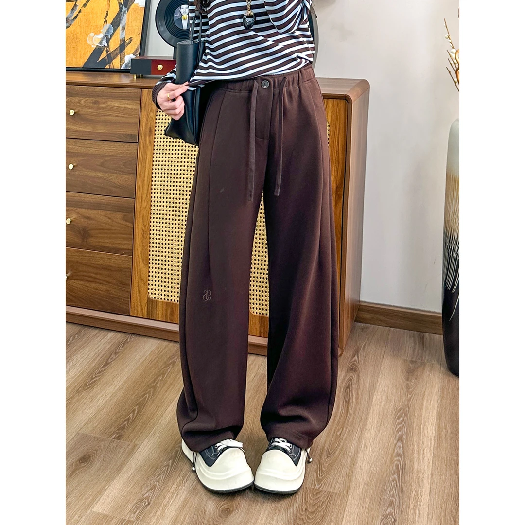 2025秋季新款棉感女装抽绳弯刀阔腿休闲美拉德色显瘦拖地长裤