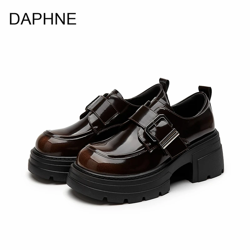 达芙妮真皮乐福鞋女2025春季新款皮鞋英伦风皮带扣圆头厚底增高鞋