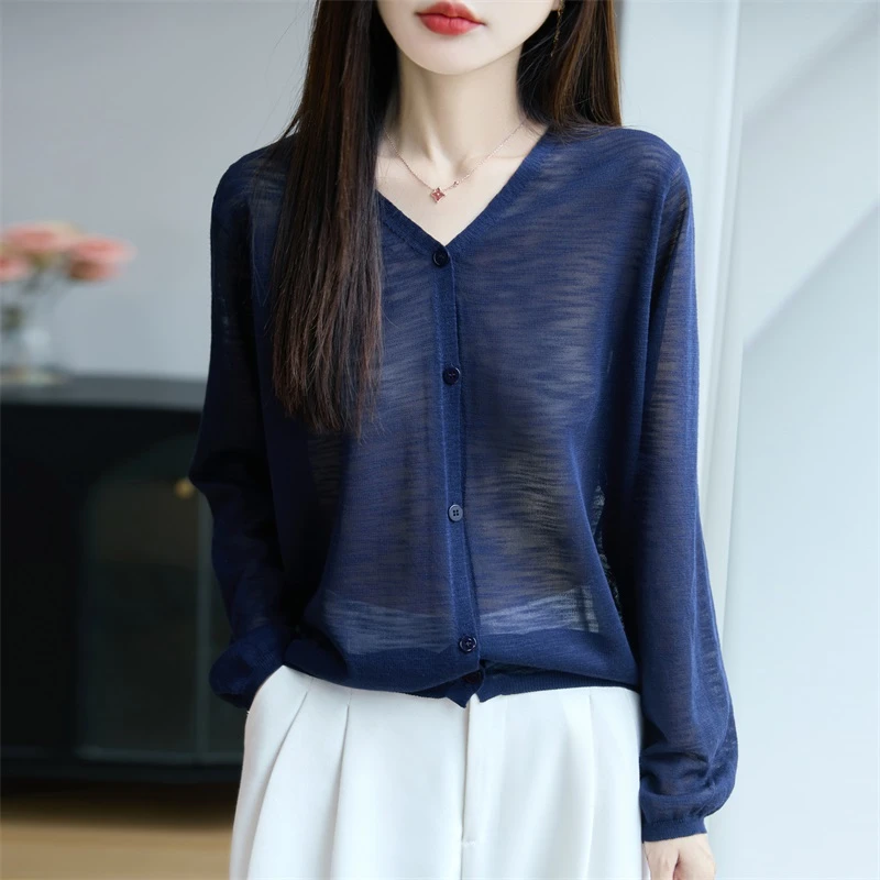 夏季薄款大码镂空针织衫休闲气质显瘦长袖打底春夏百搭纯色设小众