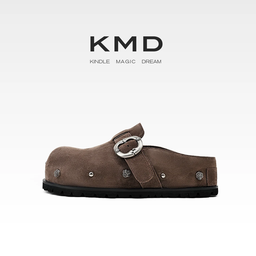 KMDSHOES2025秋季新款黑色金属包头拖鞋女外穿一脚蹬勃肯鞋女款