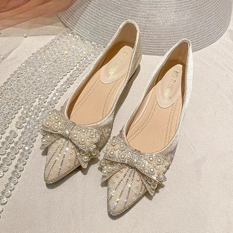 仙女单鞋春款2025新款浅口气质配裙子小香风珍珠低跟温柔女鞋粗跟