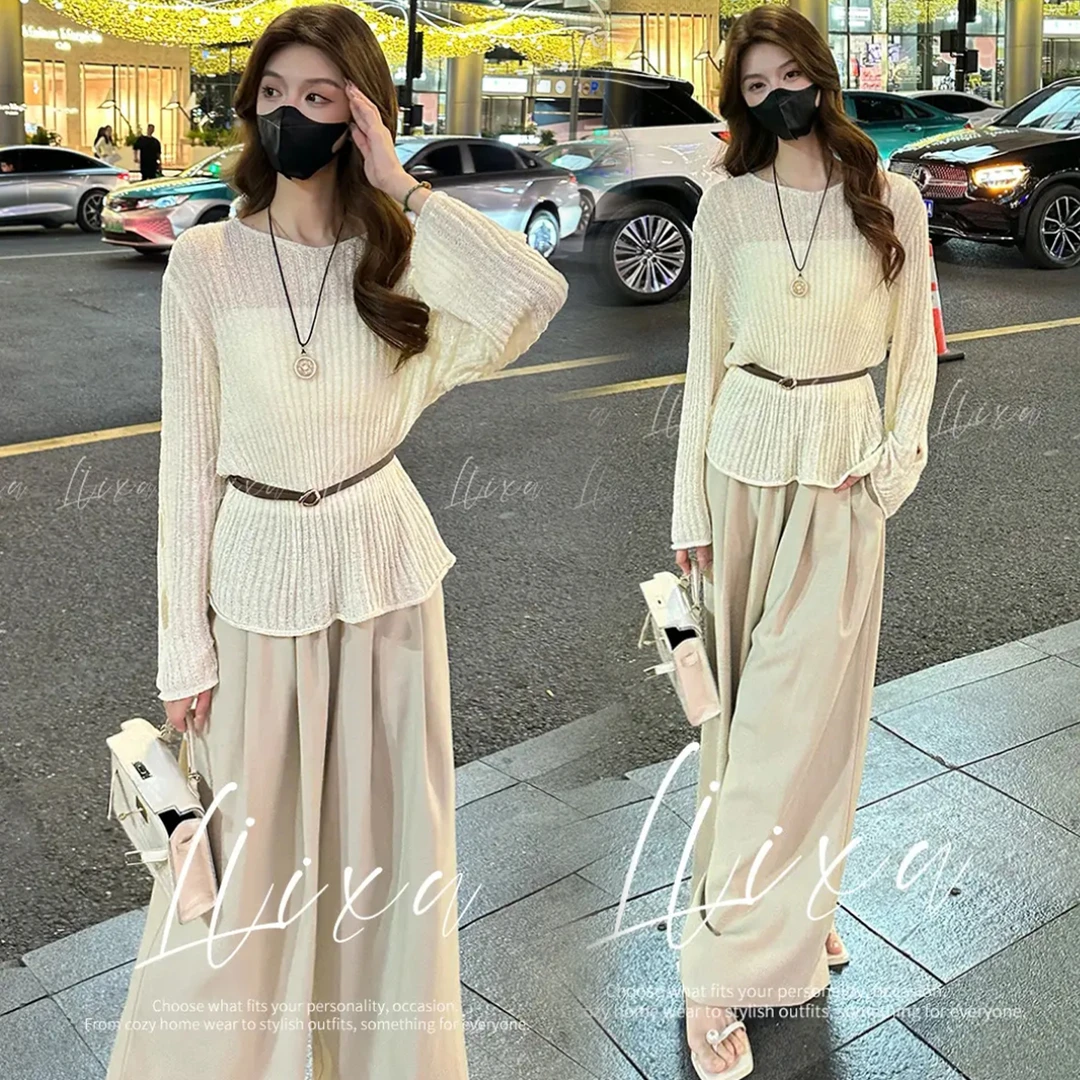 时尚休闲长袖针织套装女2025秋季新款显瘦减龄圆领长袖罩衫阔腿裤