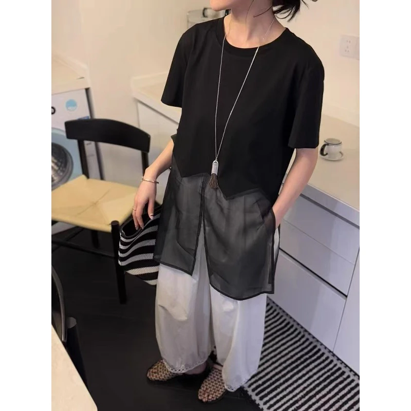 薇莎250【现货】高级感独特超好看单穿上衣设计感网纱拼接短袖t