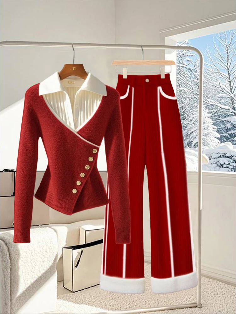 一整套秋冬季温柔系高级感穿搭小香风红色毛衣百搭裤子休闲套装女