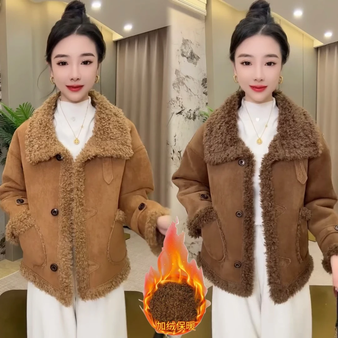 洋气时尚纽扣大翻领皮毛一体外套2025冬季宽松休闲加厚保暖上衣