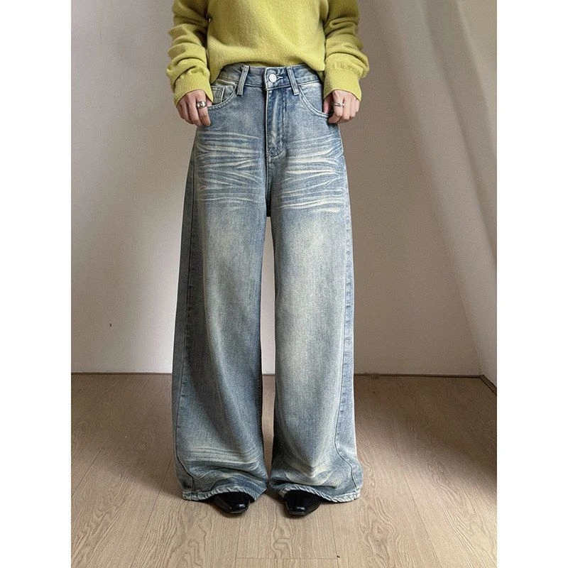 【千禧野玫特殊洗水】做旧直筒牛仔裤女冬季新款拖地裤J799C