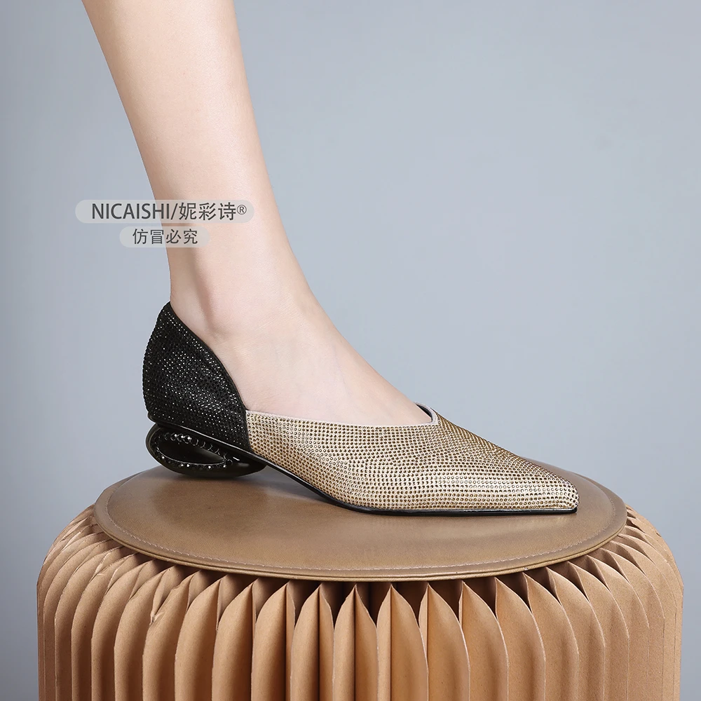 2025年新款法式粗跟尖头水钻时尚气质名媛配裙舒适百搭女单鞋1263