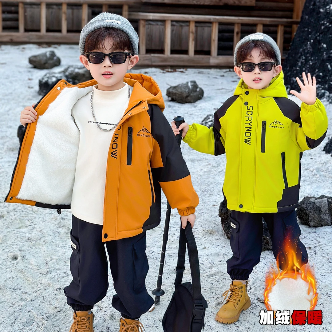 男童冬装2025新款加绒拼色加厚棉衣外套儿童时尚百搭中小童派克服